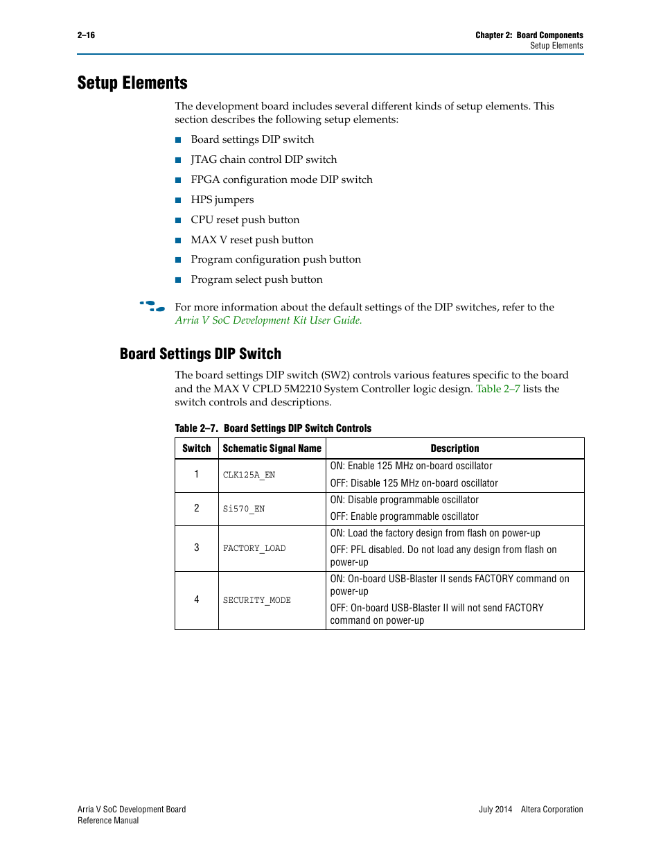 Setup elements, Board settings dip switch, Setup elements –16 | Board settings dip switch –16 | Altera Arria V SoC Development Board User Manual | Page 24 / 70