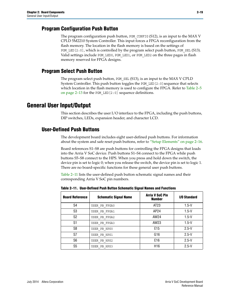 Program configuration push button, Program select push button, General user input/output | User-defined push buttons, General user input/output –19, User-defined push buttons –19 | Altera Arria V SoC Development Board User Manual | Page 27 / 70