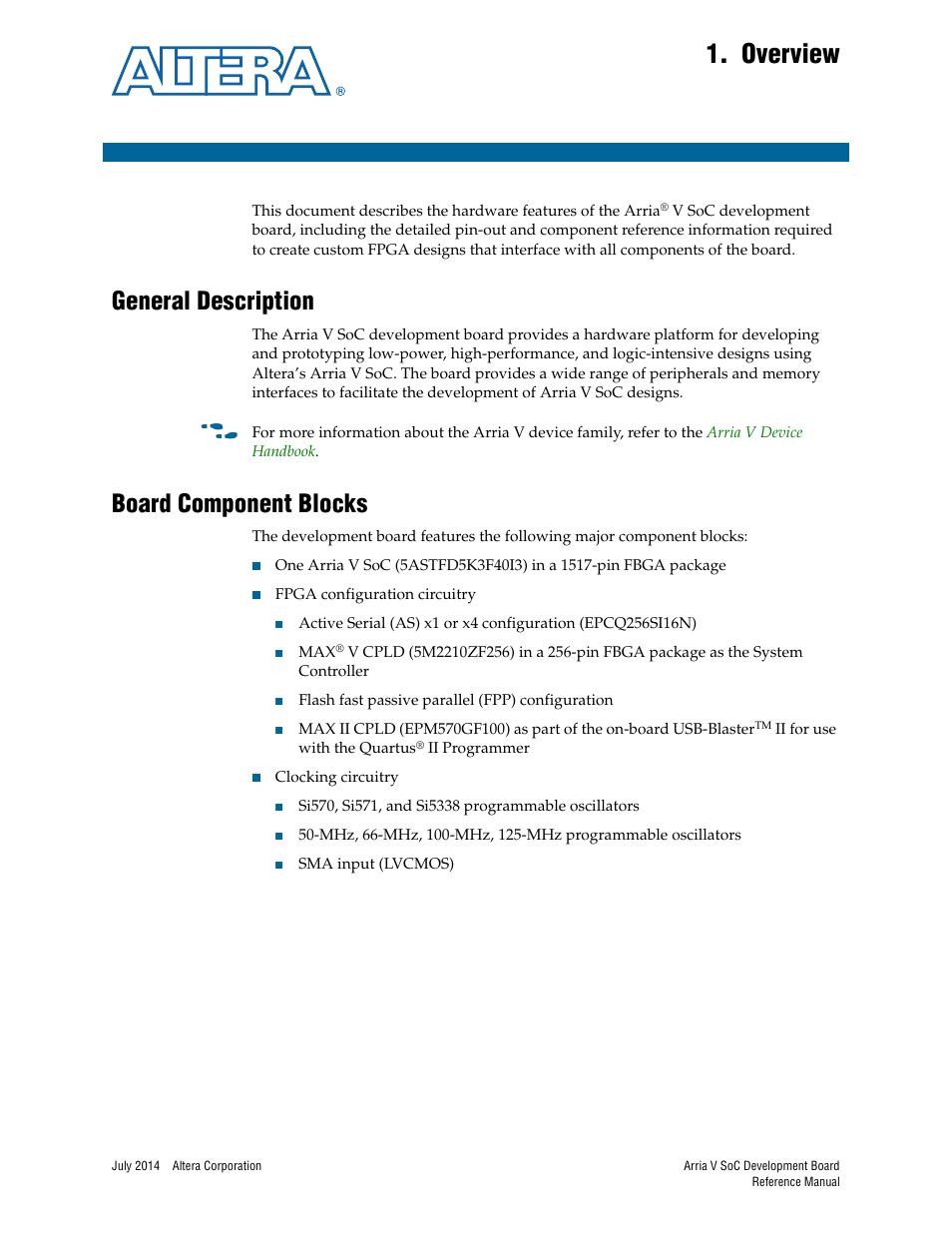 Overview, General description, Board component blocks | Chapter 1. overview, General description –1 board component blocks –1 | Altera Arria V SoC Development Board User Manual | Page 5 / 70