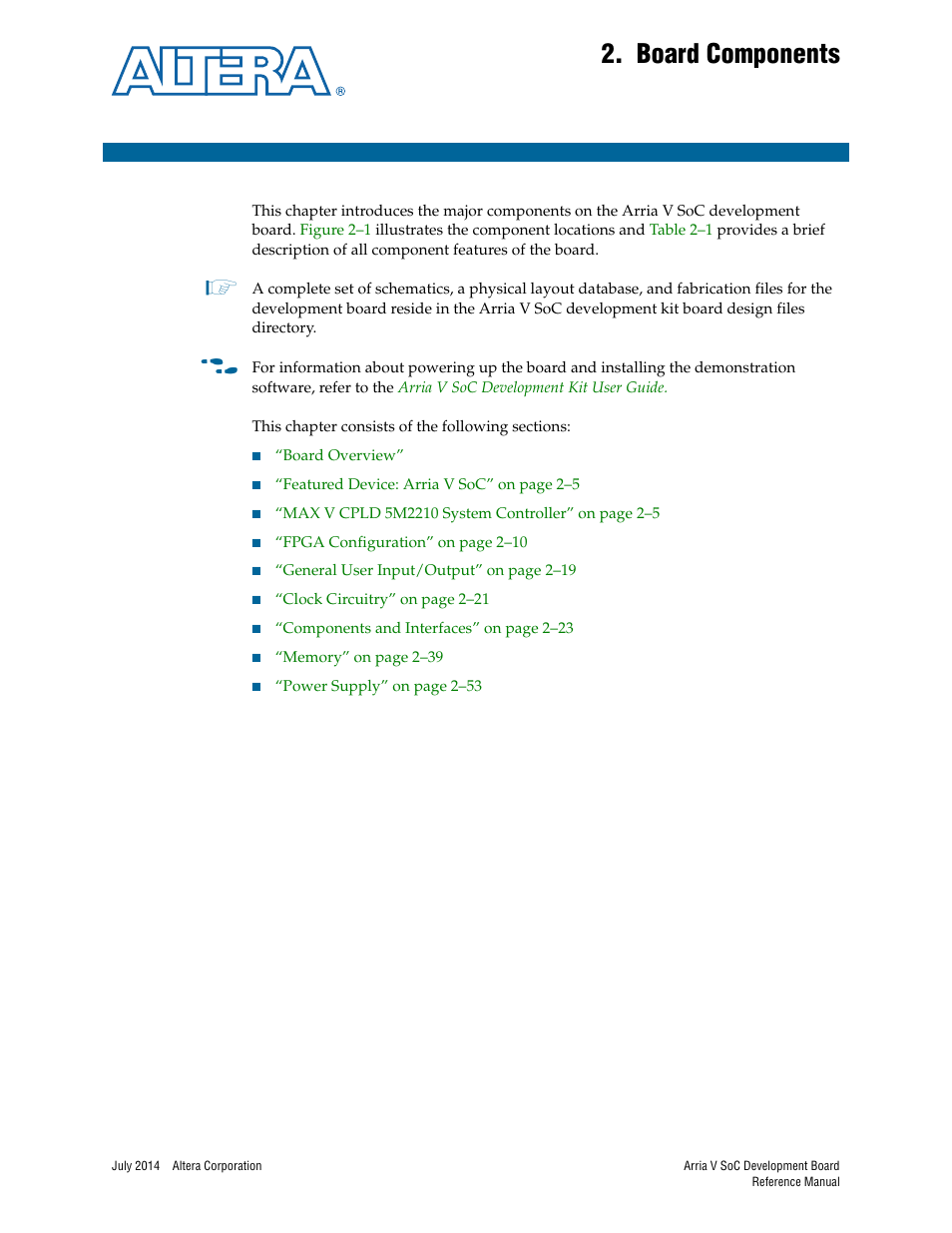 Board components, Chapter 2. board components | Altera Arria V SoC Development Board User Manual | Page 9 / 70