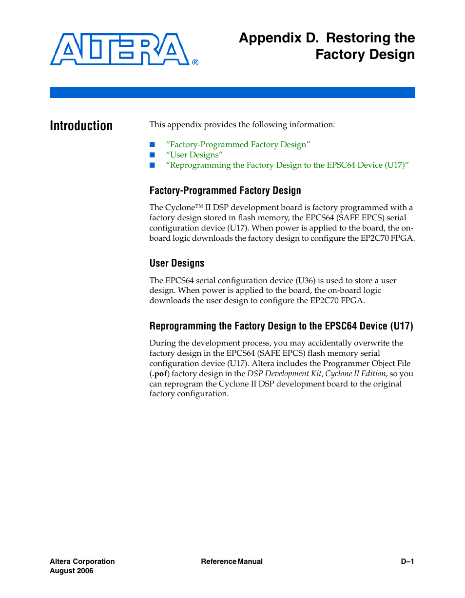 Appendix d. restoring the factory design, Introduction, Factory-programmed factory design | User designs | Altera Cyclone II DSP Development Board User Manual | Page 109 / 112