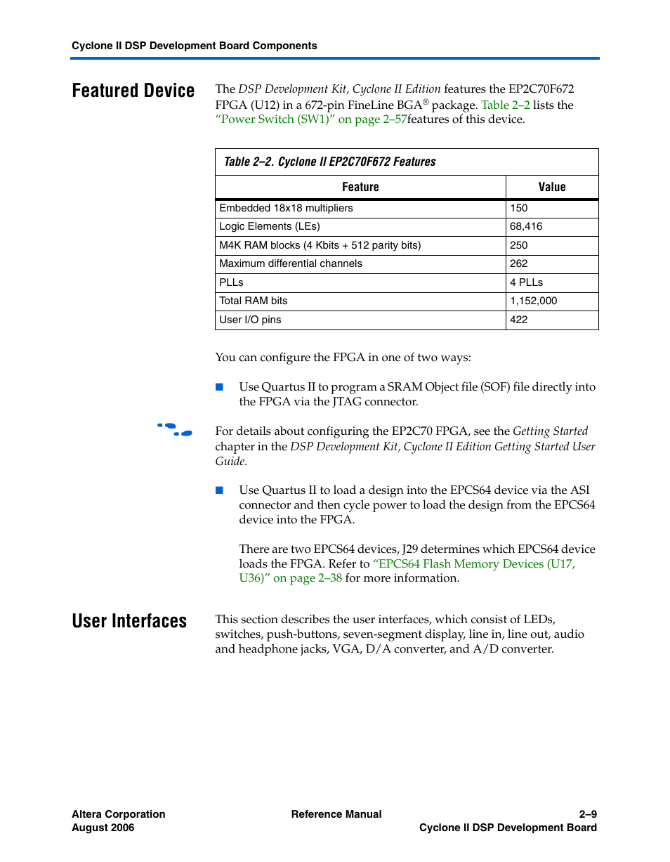 Featured device, User interfaces, User interfaces –9 | Altera Cyclone II DSP Development Board User Manual | Page 17 / 112