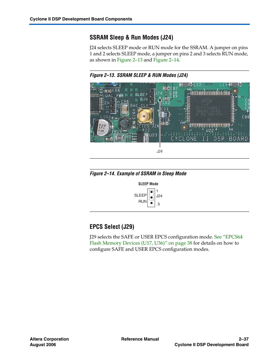 Ssram sleep & run modes (j24), Epcs select (j29) | Altera Cyclone II DSP Development Board User Manual | Page 45 / 112