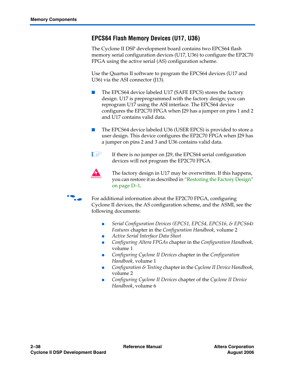 Epcs64 flash memory devices (u17, u36), Epcs64 flash memory devices (u17, See “epcs64 | Altera Cyclone II DSP Development Board User Manual | Page 46 / 112