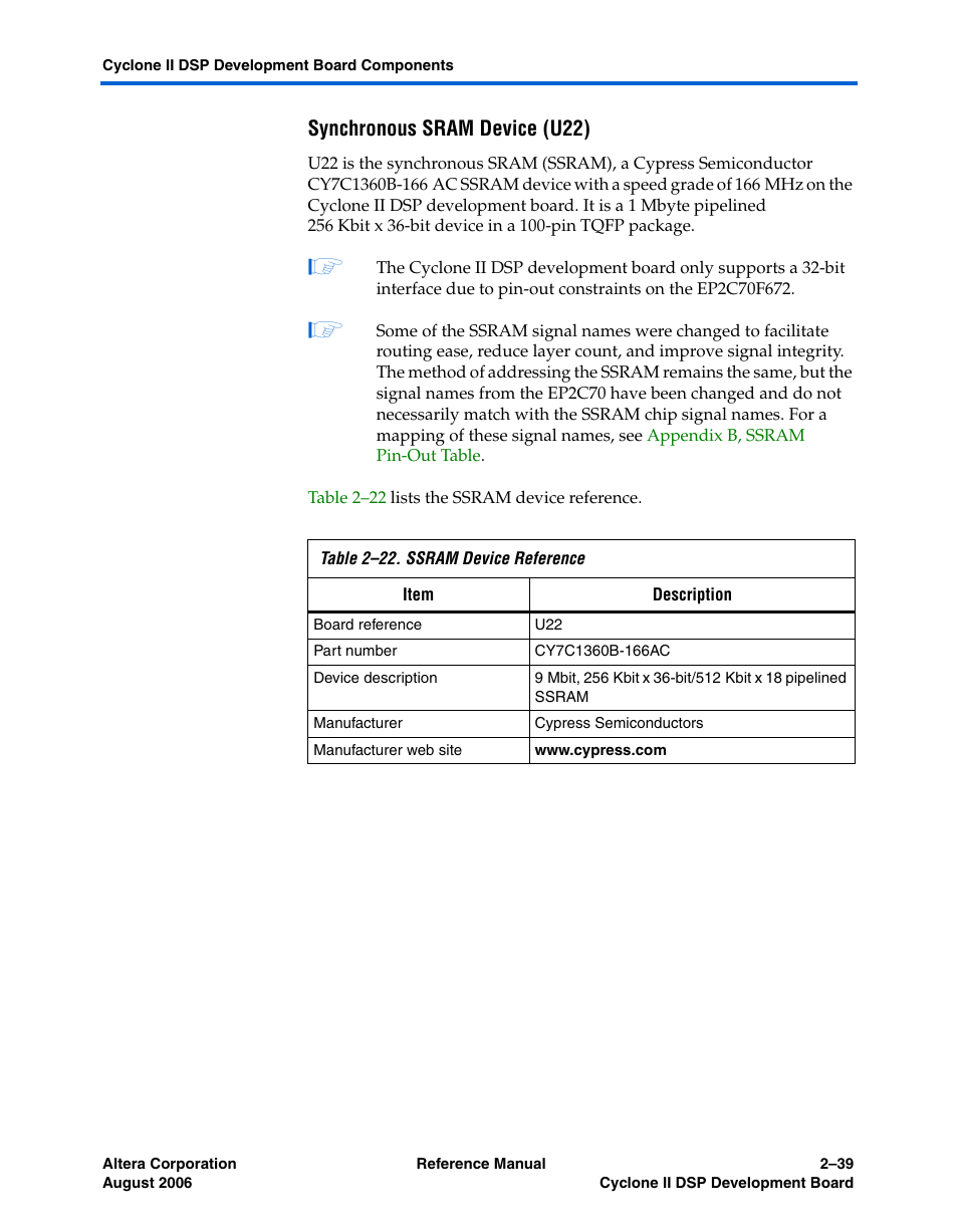 Synchronous sram device (u22) | Altera Cyclone II DSP Development Board User Manual | Page 47 / 112