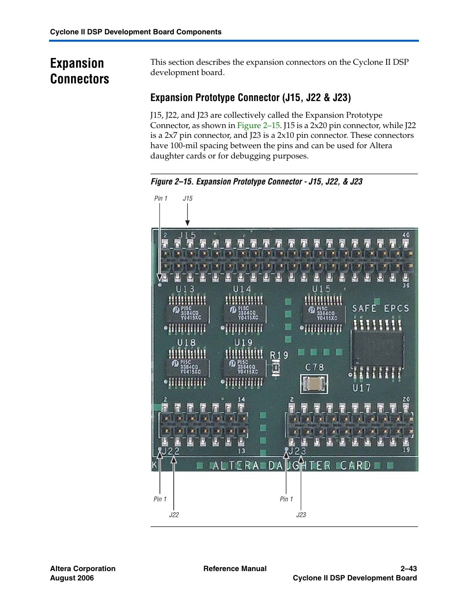 Expansion connectors, Expansion prototype connector (j15, j22 & j23), Expansion connectors –43 | Altera Cyclone II DSP Development Board User Manual | Page 51 / 112