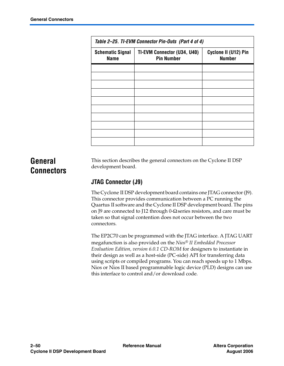 General connectors, Jtag connector (j9), General connectors –50 | Altera Cyclone II DSP Development Board User Manual | Page 58 / 112