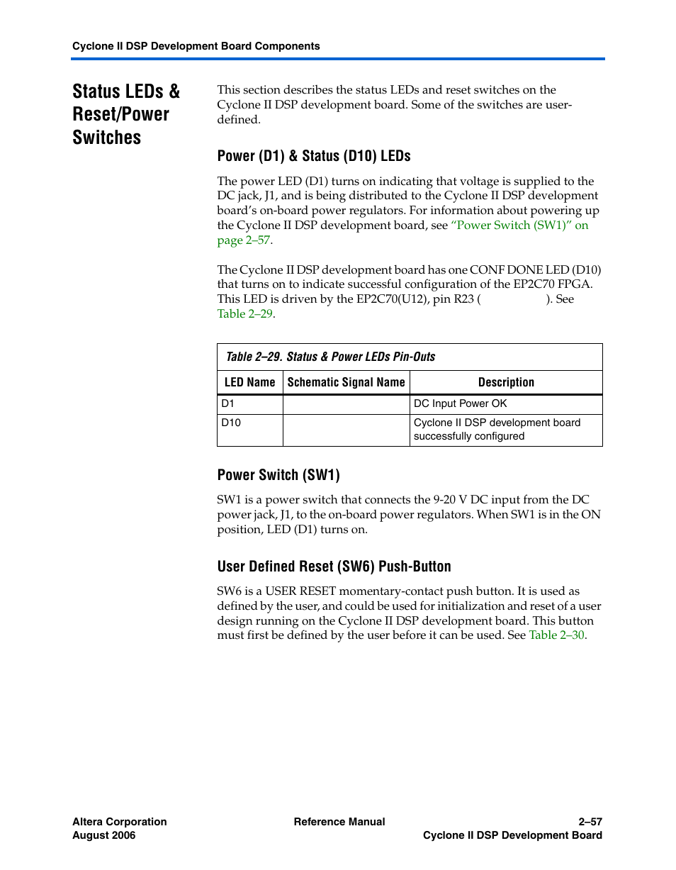 Status leds & reset/power switches, Power (d1) & status (d10) leds, Power switch (sw1) | User defined reset (sw6) push-button, Featur | Altera Cyclone II DSP Development Board User Manual | Page 65 / 112