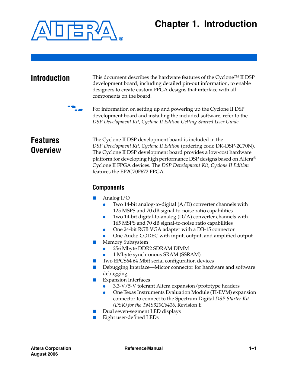 Chapter 1. introduction, Introduction, Features overview | Components, Introduction –1 features overview –1 | Altera Cyclone II DSP Development Board User Manual | Page 7 / 112