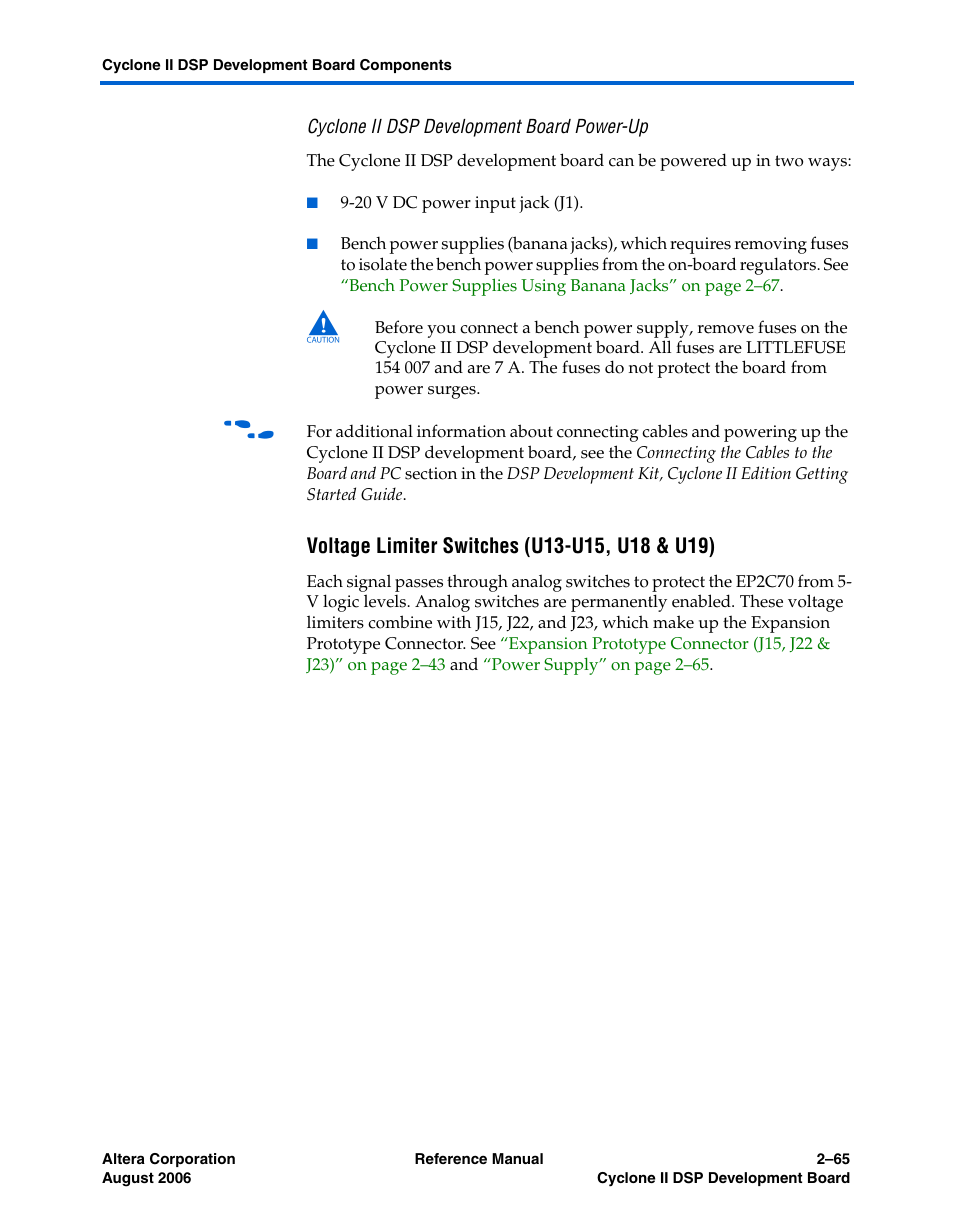 Cyclone ii dsp development board power-up, Voltage limiter switches (u13-u15, u18 & u19) | Altera Cyclone II DSP Development Board User Manual | Page 73 / 112