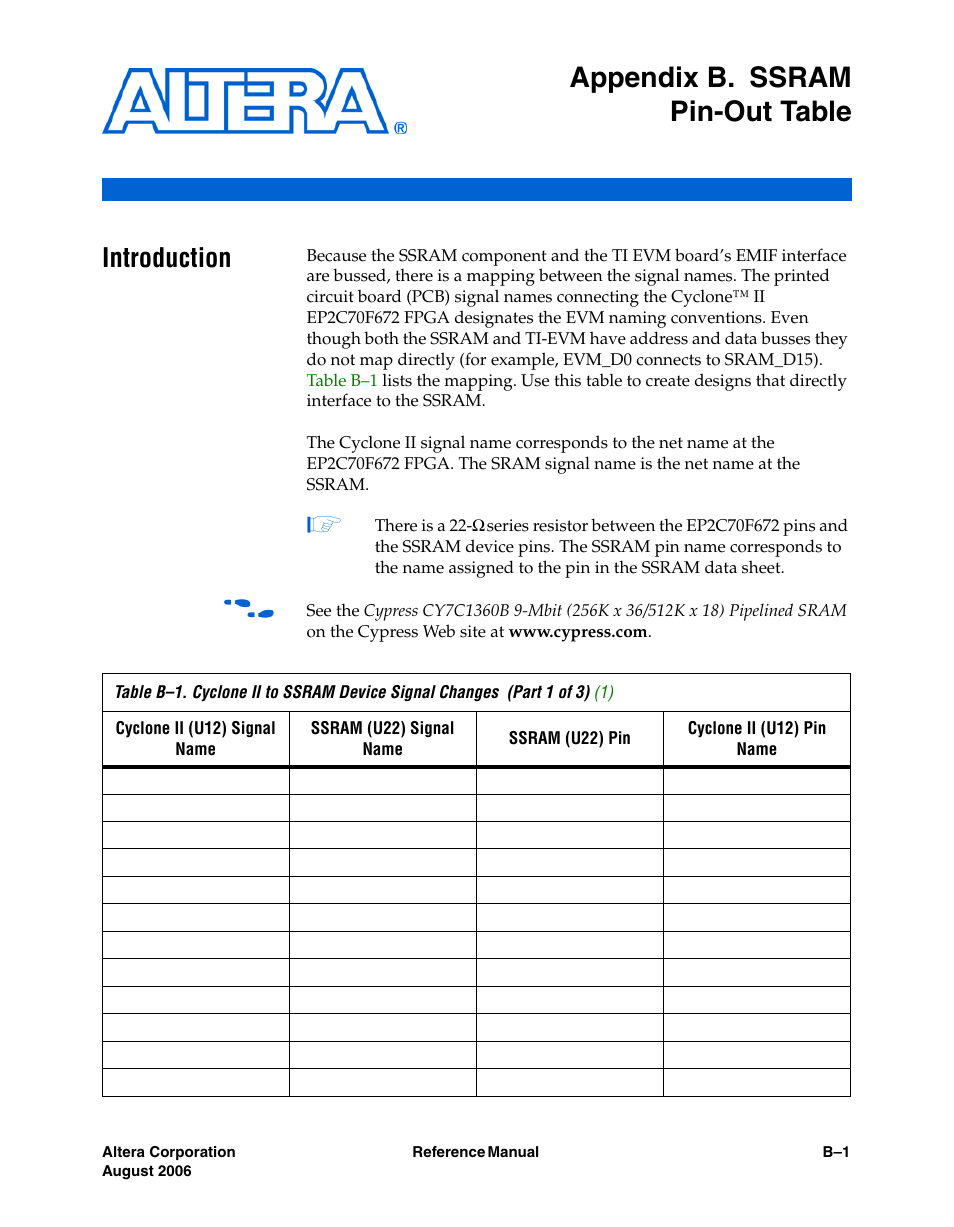 Appendix b. ssram pin-out table, Introduction, Appendix b, ssram | Pin-out table, Appendix b, Ssram pin-out table | Altera Cyclone II DSP Development Board User Manual | Page 83 / 112