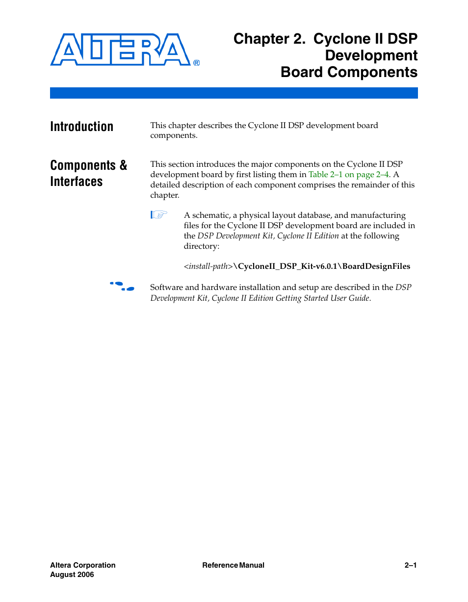Introduction, Components & interfaces, Introduction –1 components & interfaces –1 | Altera Cyclone II DSP Development Board User Manual | Page 9 / 112