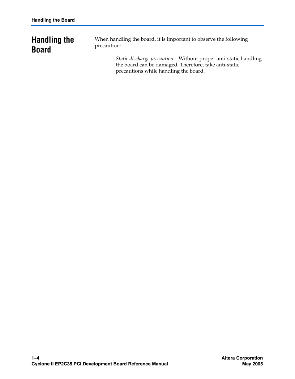 Handling the board, Handling the board –4 | Altera Cyclone II EP2C35 PCI Development Board User Manual | Page 10 / 50