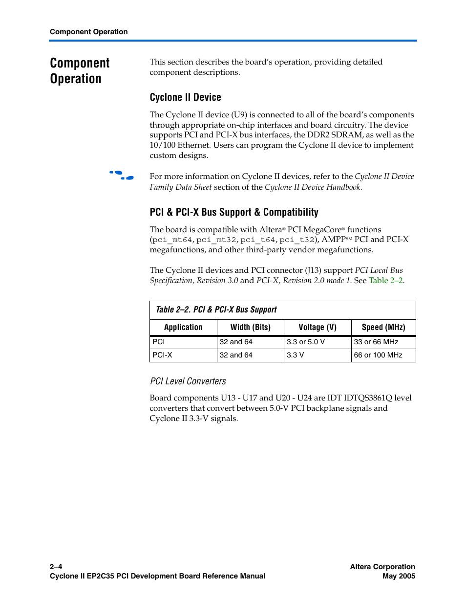 Component operation, Cyclone ii device, Pci & pci-x bus support & compatibility | Pci level converters, Component operation –4 | Altera Cyclone II EP2C35 PCI Development Board User Manual | Page 14 / 50
