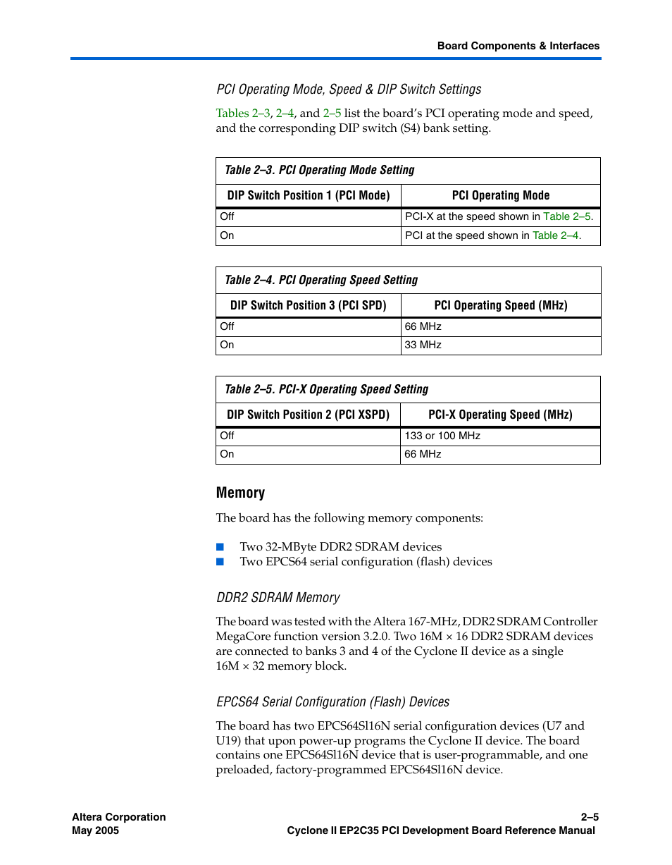 Pci operating mode, speed & dip switch settings, Memory, Ddr2 sdram memory | Epcs64 serial configuration (flash) devices | Altera Cyclone II EP2C35 PCI Development Board User Manual | Page 15 / 50