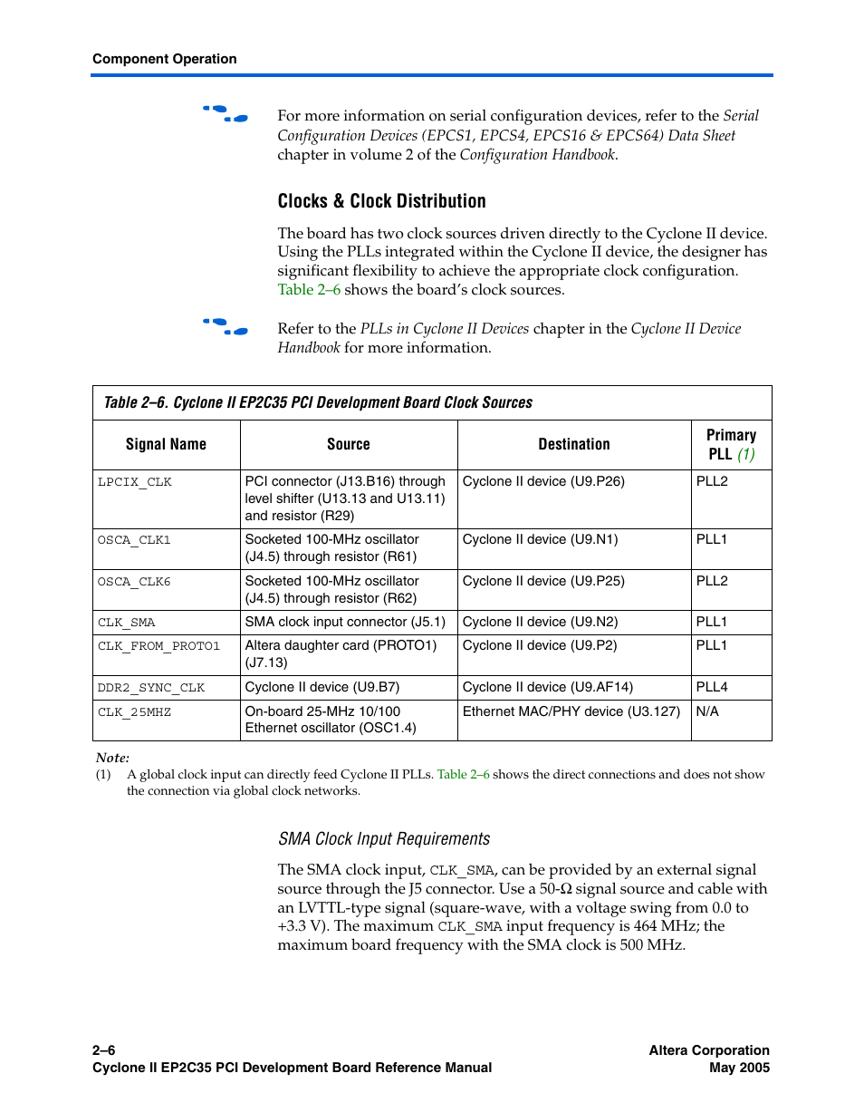 Clocks & clock distribution, Sma clock input requirements | Altera Cyclone II EP2C35 PCI Development Board User Manual | Page 16 / 50