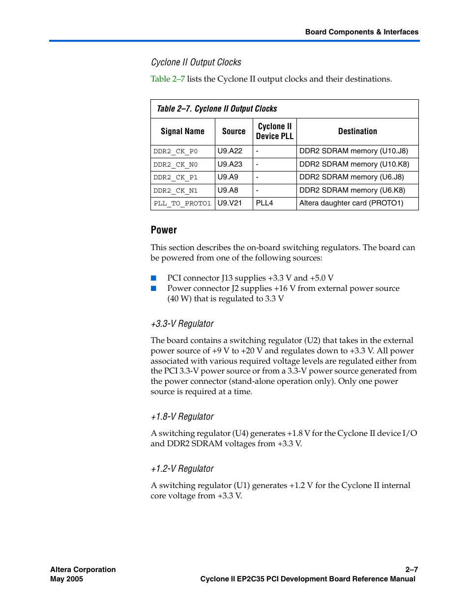 Cyclone ii output clocks, Power, V regulator | Altera Cyclone II EP2C35 PCI Development Board User Manual | Page 17 / 50