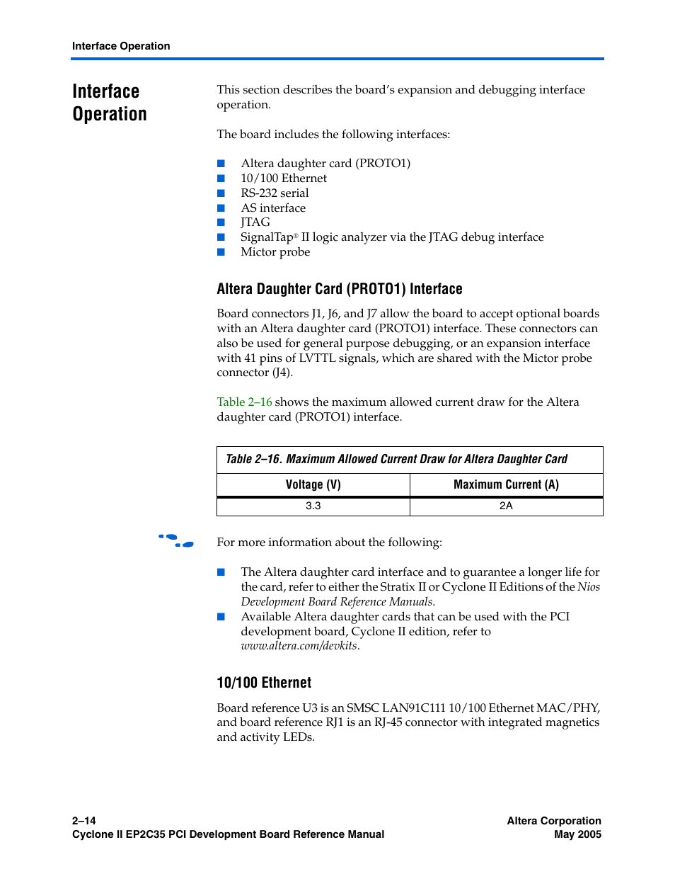 Interface operation, Altera daughter card (proto1) interface, 10/100 ethernet | Interface operation –14 | Altera Cyclone II EP2C35 PCI Development Board User Manual | Page 24 / 50