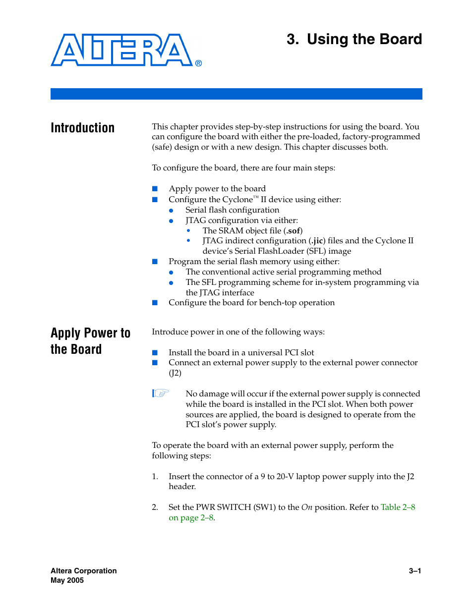 Using the board, Introduction, Apply power to the board | Chapter 3. using the board, Introduction –1 apply power to the board –1 | Altera Cyclone II EP2C35 PCI Development Board User Manual | Page 27 / 50
