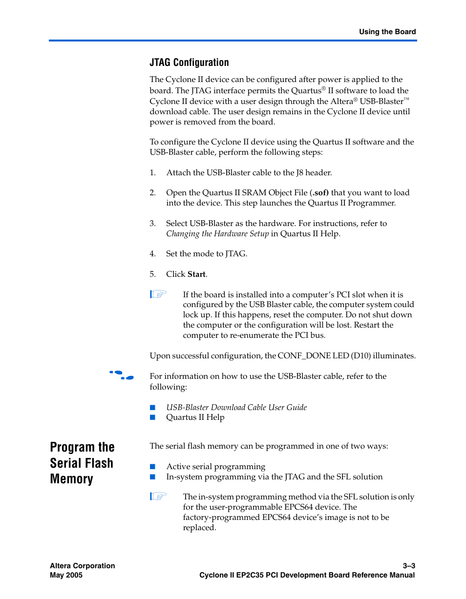 Jtag configuration, Program the serial flash memory, Program the serial flash memory –3 | Altera Cyclone II EP2C35 PCI Development Board User Manual | Page 29 / 50