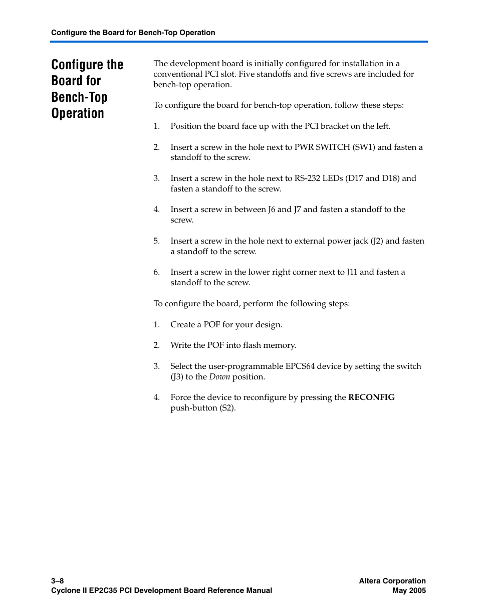 Configure the board for bench-top operation, Configure the board for bench-top operation –8 | Altera Cyclone II EP2C35 PCI Development Board User Manual | Page 34 / 50