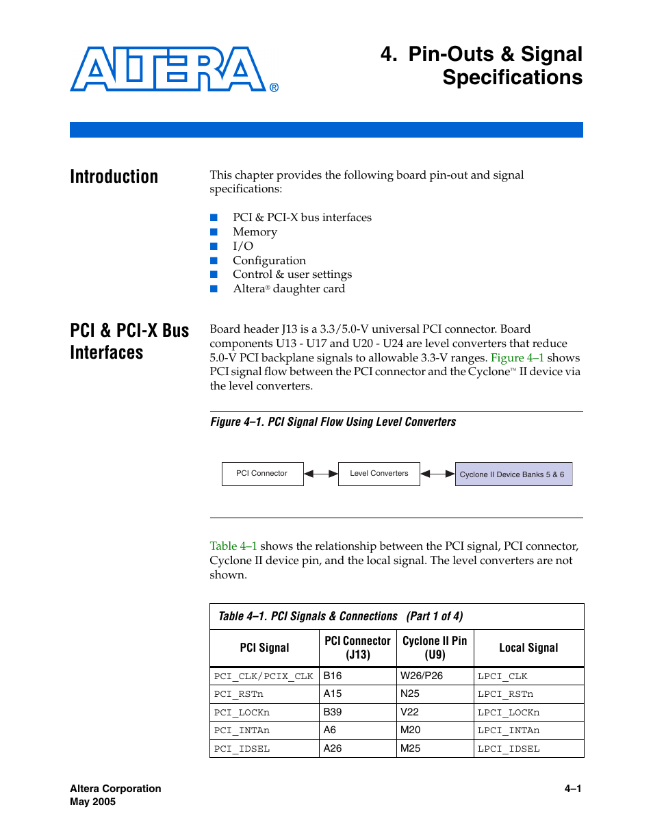 Pin-outs & signal specifications, Pci & pci-x bus interfaces, Chapter 4. pin-outs & signal specifications | Introduction –1 pci & pci-x bus interfaces –1, Introduction | Altera Cyclone II EP2C35 PCI Development Board User Manual | Page 35 / 50