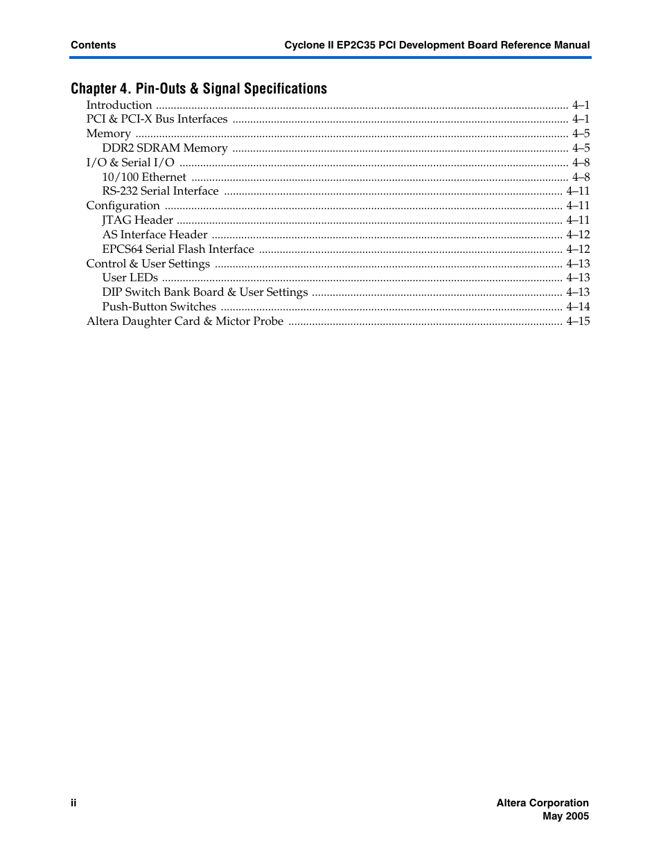 Chapter 4. pin-outs & signal specifications | Altera Cyclone II EP2C35 PCI Development Board User Manual | Page 4 / 50