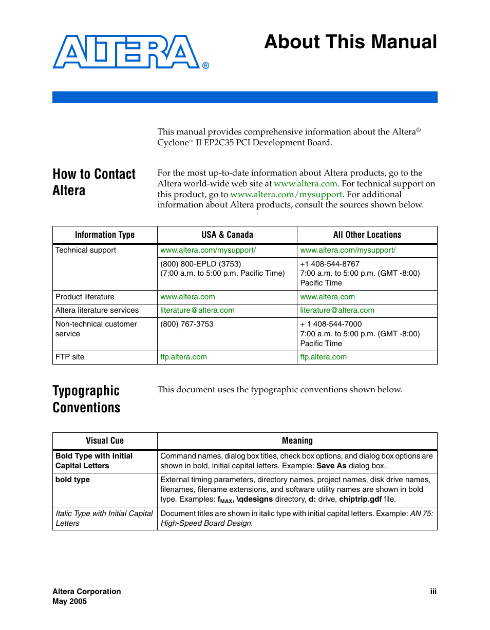 About this manual, How to contact altera, Typographic conventions | Altera Cyclone II EP2C35 PCI Development Board User Manual | Page 5 / 50