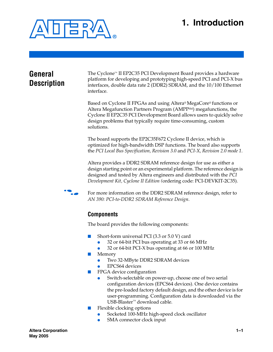 Introduction, General description, Components | Chapter 1. introduction, General description –1 | Altera Cyclone II EP2C35 PCI Development Board User Manual | Page 7 / 50
