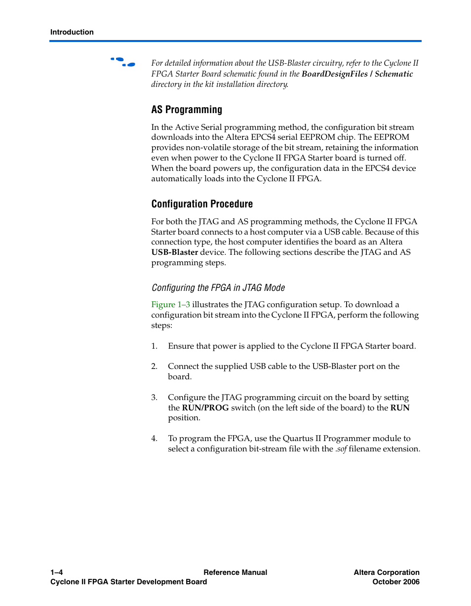 As programming, Configuration procedure, Configuring the fpga in jtag mode | Altera Cyclone II FPGA Starter Development Board User Manual | Page 12 / 56