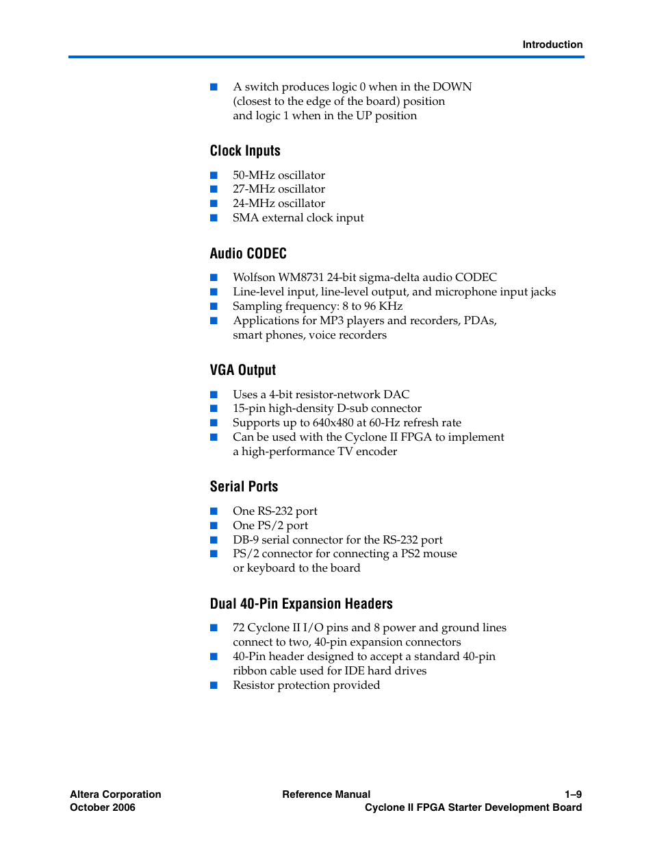 Clock inputs, Audio codec, Vga output | Serial ports, Dual 40-pin expansion headers | Altera Cyclone II FPGA Starter Development Board User Manual | Page 17 / 56