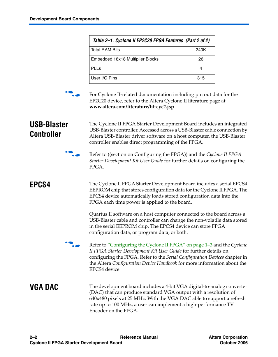 Usb-blaster controller, Epcs4, Vga dac | Usb-blaster controller –2 epcs4 –2 vga dac –2 | Altera Cyclone II FPGA Starter Development Board User Manual | Page 20 / 56