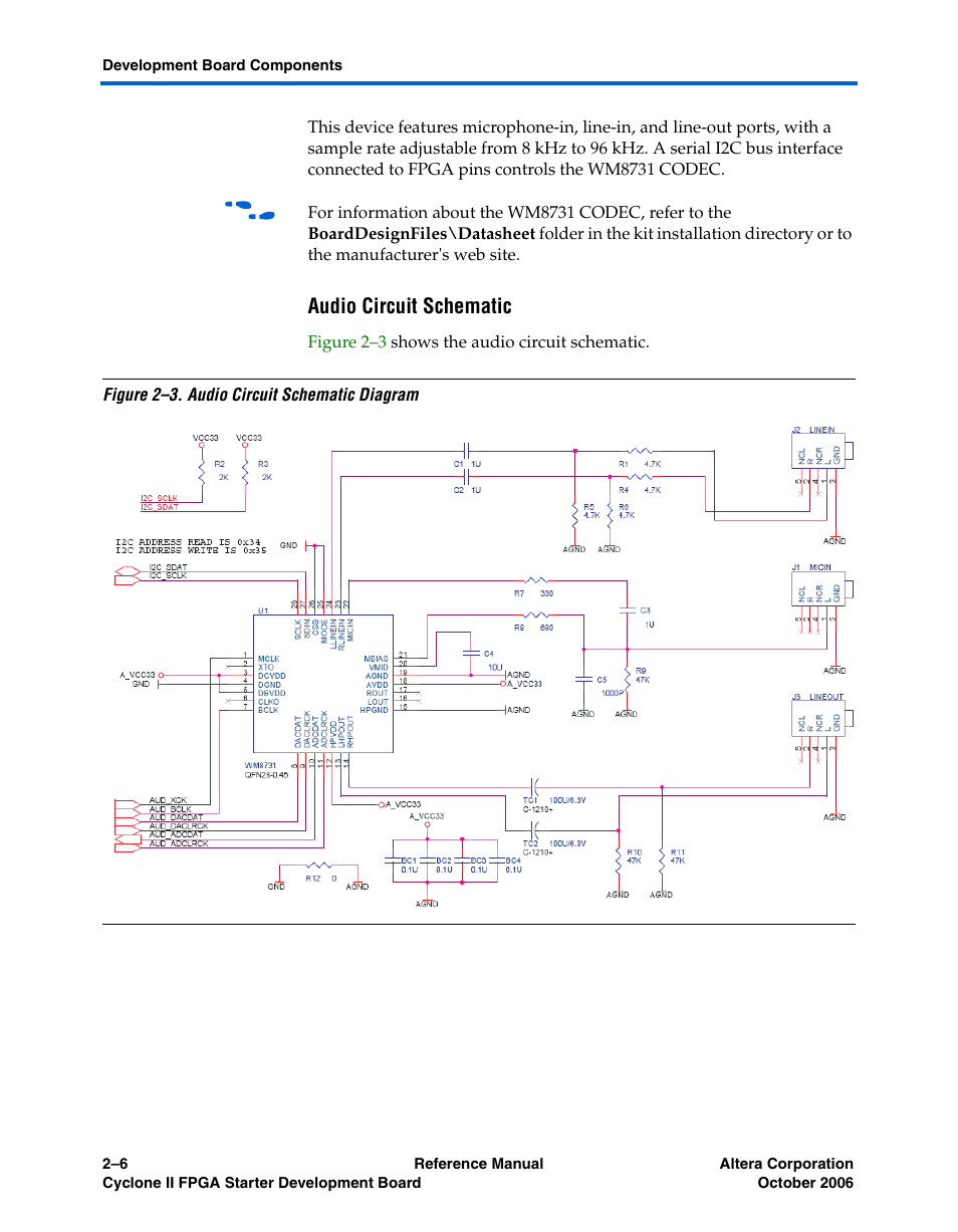 Audio circuit schematic | Altera Cyclone II FPGA Starter Development Board User Manual | Page 24 / 56