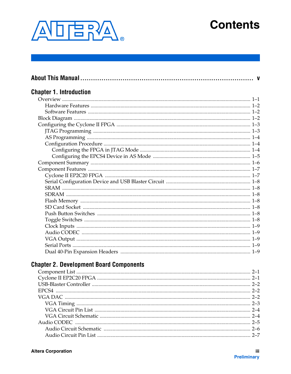 Altera Cyclone II FPGA Starter Development Board User Manual | Page 3 / 56