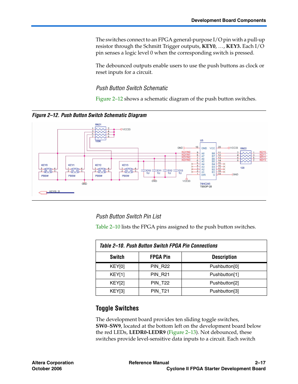 Push button switch schematic, Push button switch pin list, Toggle switches | Altera Cyclone II FPGA Starter Development Board User Manual | Page 35 / 56
