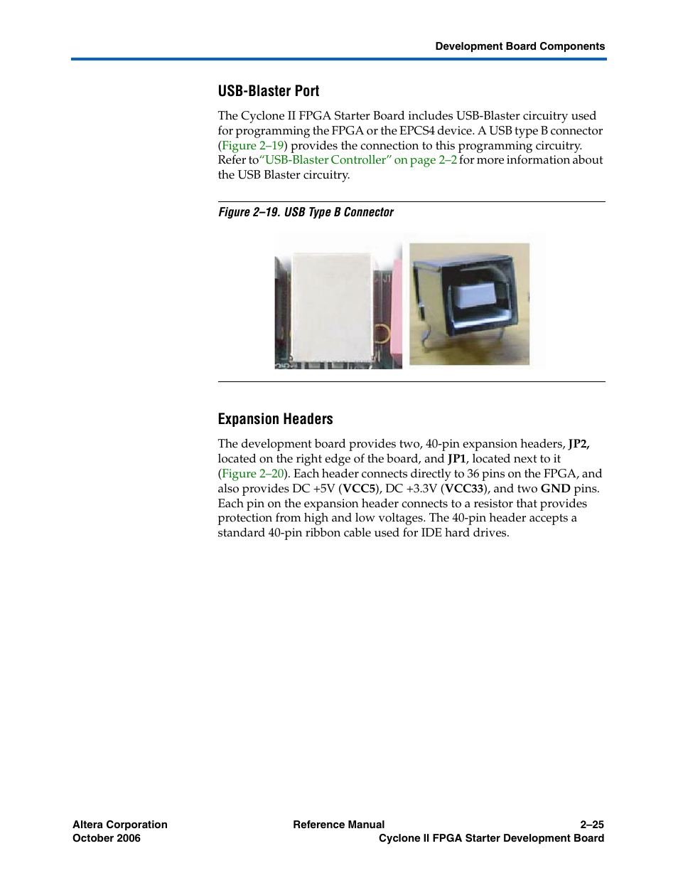 Usb-blaster port, Expansion headers | Altera Cyclone II FPGA Starter Development Board User Manual | Page 43 / 56
