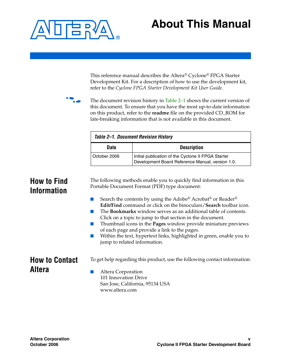 About this manual, How to find information, How to contact altera | Altera Cyclone II FPGA Starter Development Board User Manual | Page 5 / 56