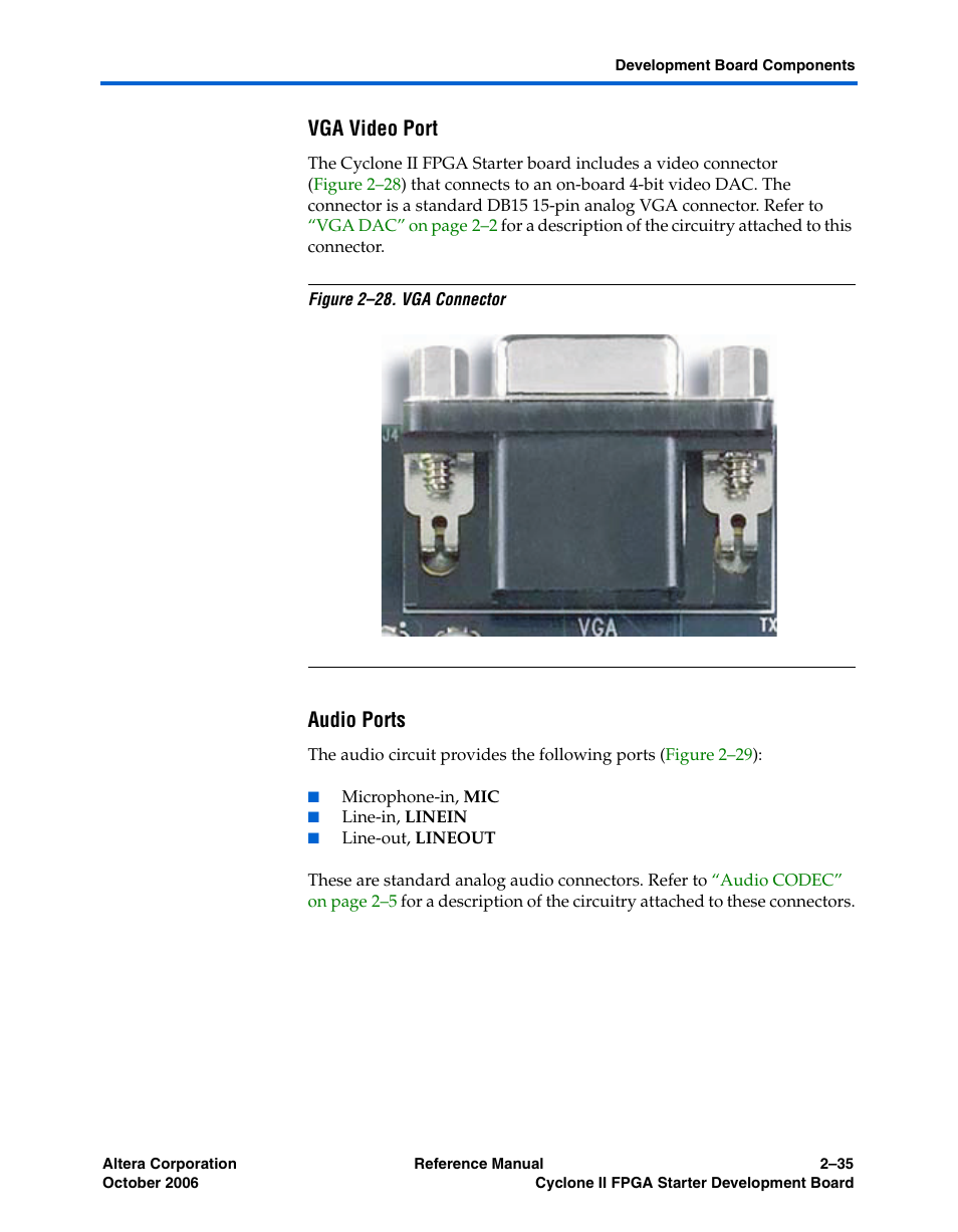 Vga video port, Audio ports | Altera Cyclone II FPGA Starter Development Board User Manual | Page 53 / 56