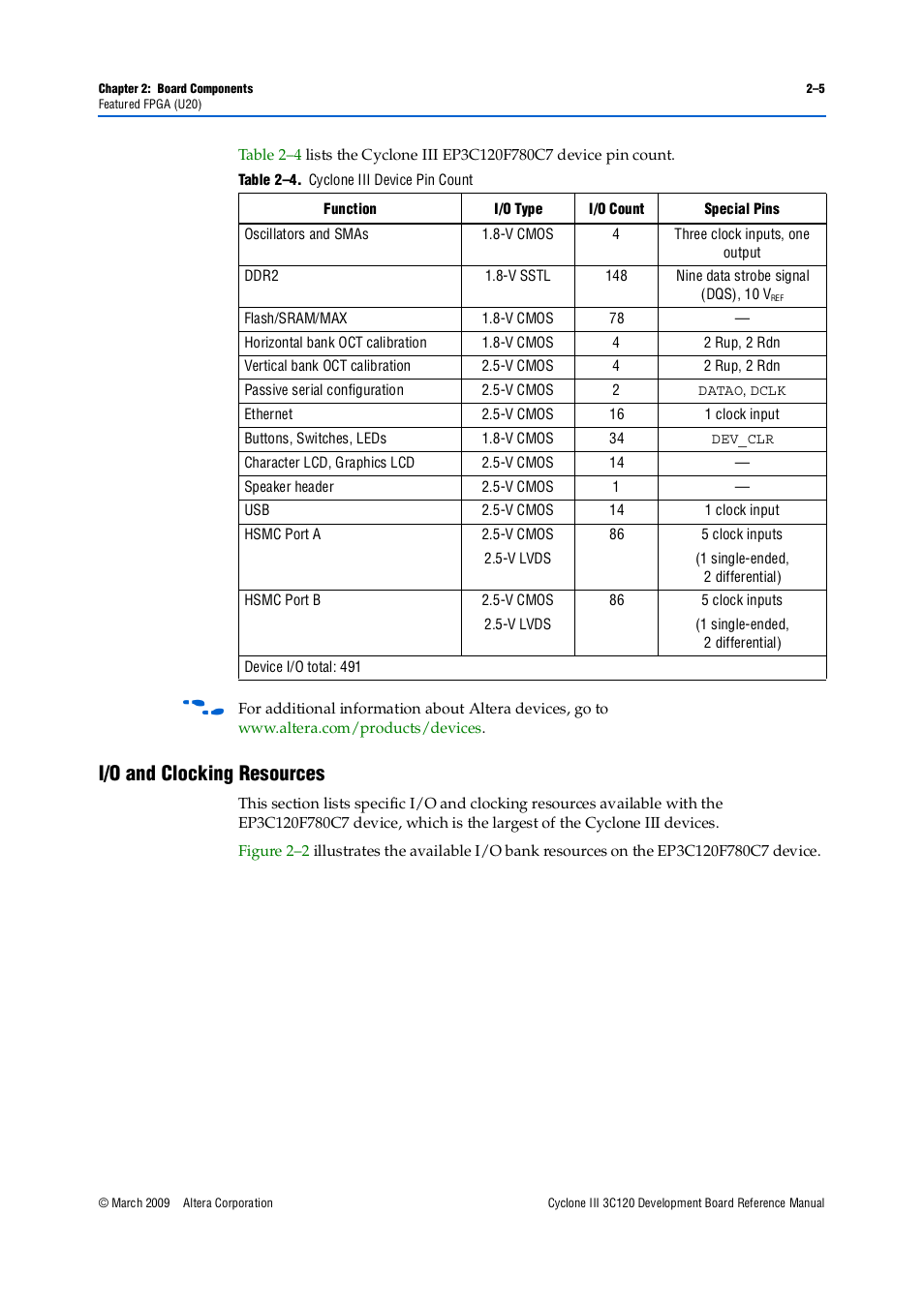 I/o and clocking resources, I/o and clocking resources –5 | Altera Cyclone III Development Board User Manual | Page 15 / 80