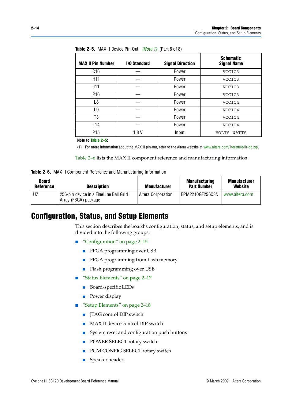 Configuration, status, and setup elements, Configuration, status, and setup elements –14, Note 1) | Altera Cyclone III Development Board User Manual | Page 24 / 80