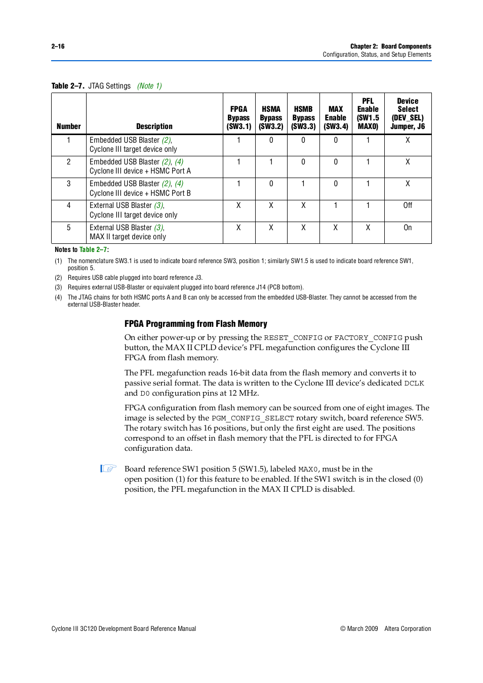 Fpga programming from flash memory –16, Table 2–7 | Altera Cyclone III Development Board User Manual | Page 26 / 80