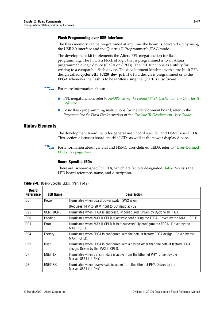 Status elements, Flash programming over usb interface –17, Status elements –17 | Board specific leds –17 | Altera Cyclone III Development Board User Manual | Page 27 / 80