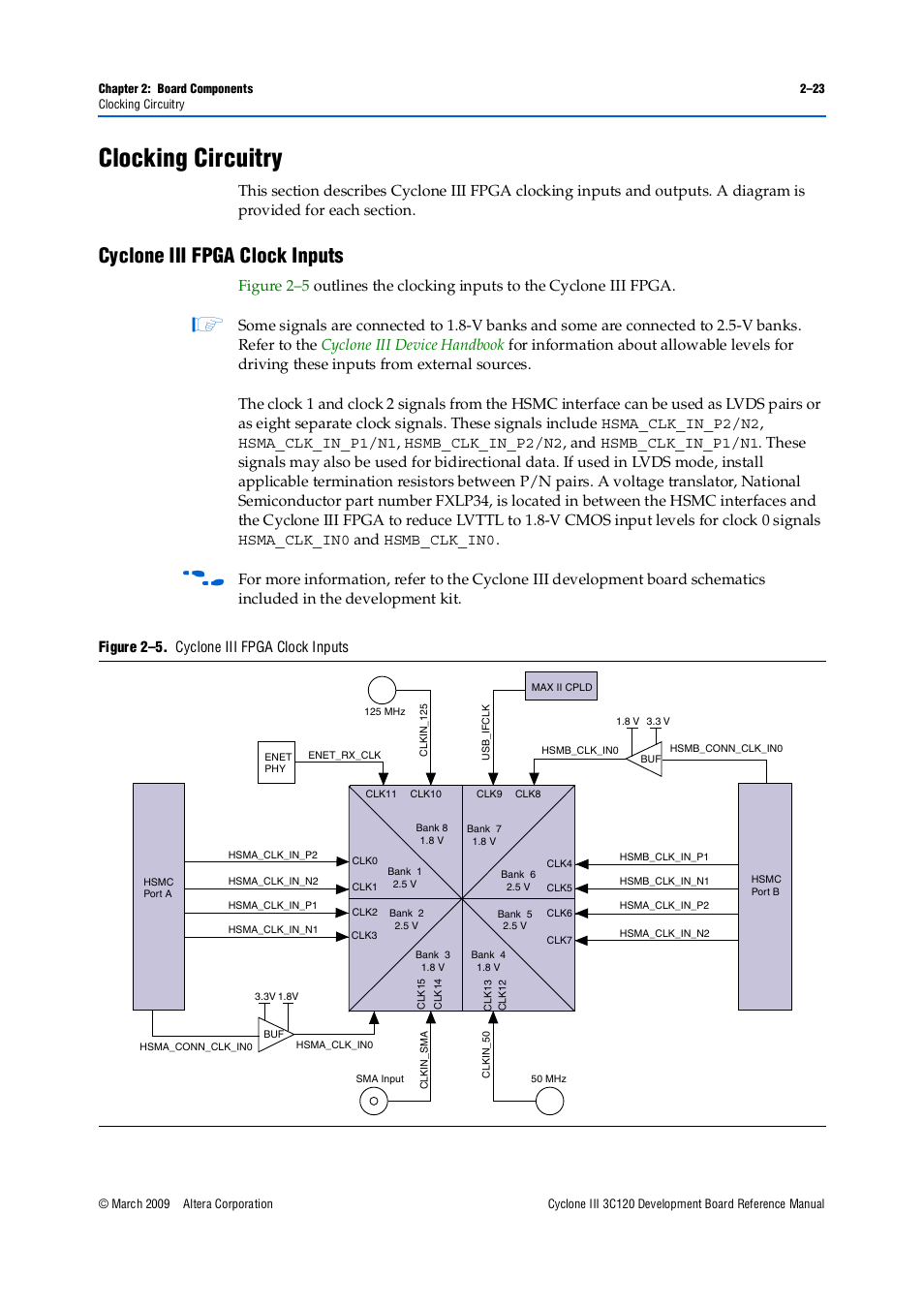 Clocking circuitry, Cyclone iii fpga clock inputs, Clocking circuitry –23 | Cyclone iii fpga clock inputs –23, Figure 2–5. cyclone iii fpga clock inputs | Altera Cyclone III Development Board User Manual | Page 33 / 80
