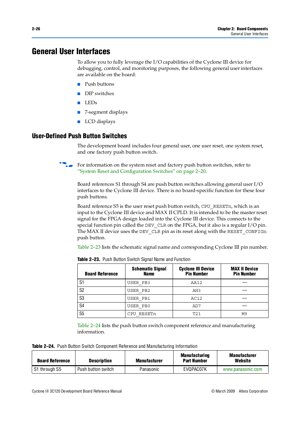 General user interfaces, User-defined push button switches, General user interfaces –26 | User-defined push button switches –26, User-defined push button | Altera Cyclone III Development Board User Manual | Page 36 / 80