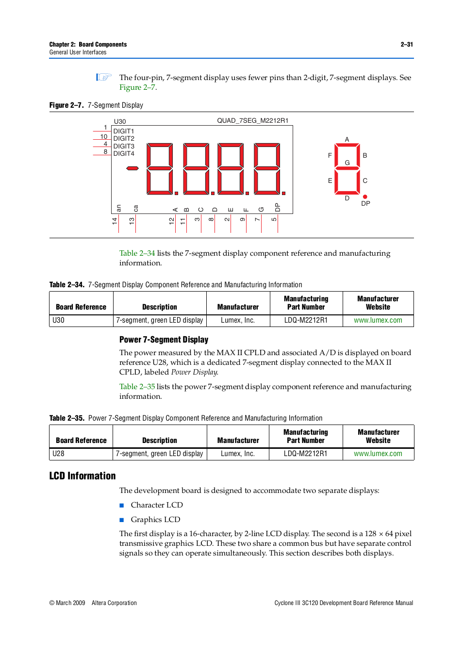 Lcd information, Power 7-segment display –31, Lcd information –31 | Altera Cyclone III Development Board User Manual | Page 41 / 80