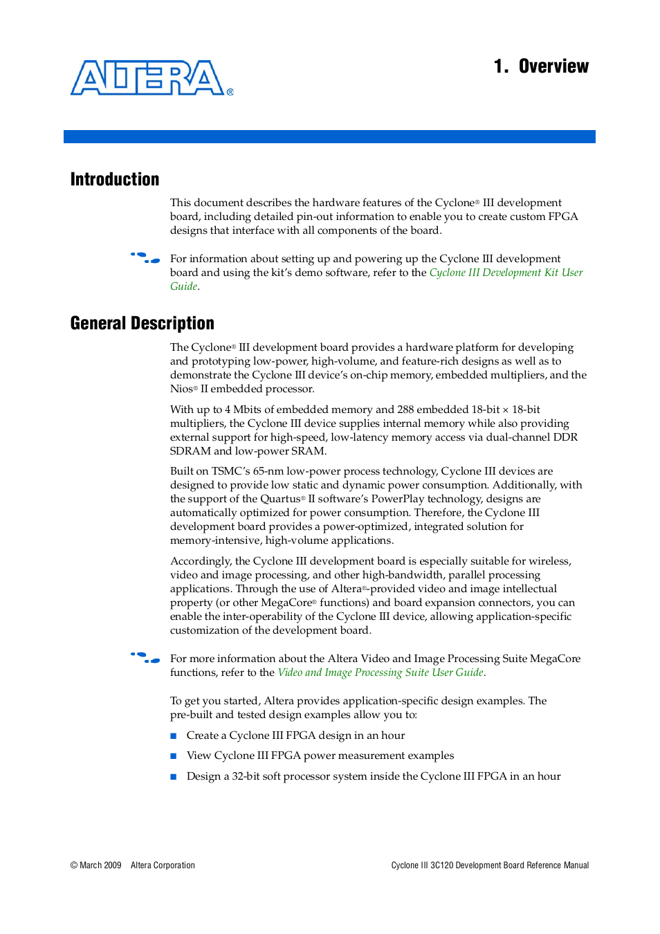 Overview, Introduction, General description | Chapter 1. overview, Introduction –1 general description –1 | Altera Cyclone III Development Board User Manual | Page 5 / 80