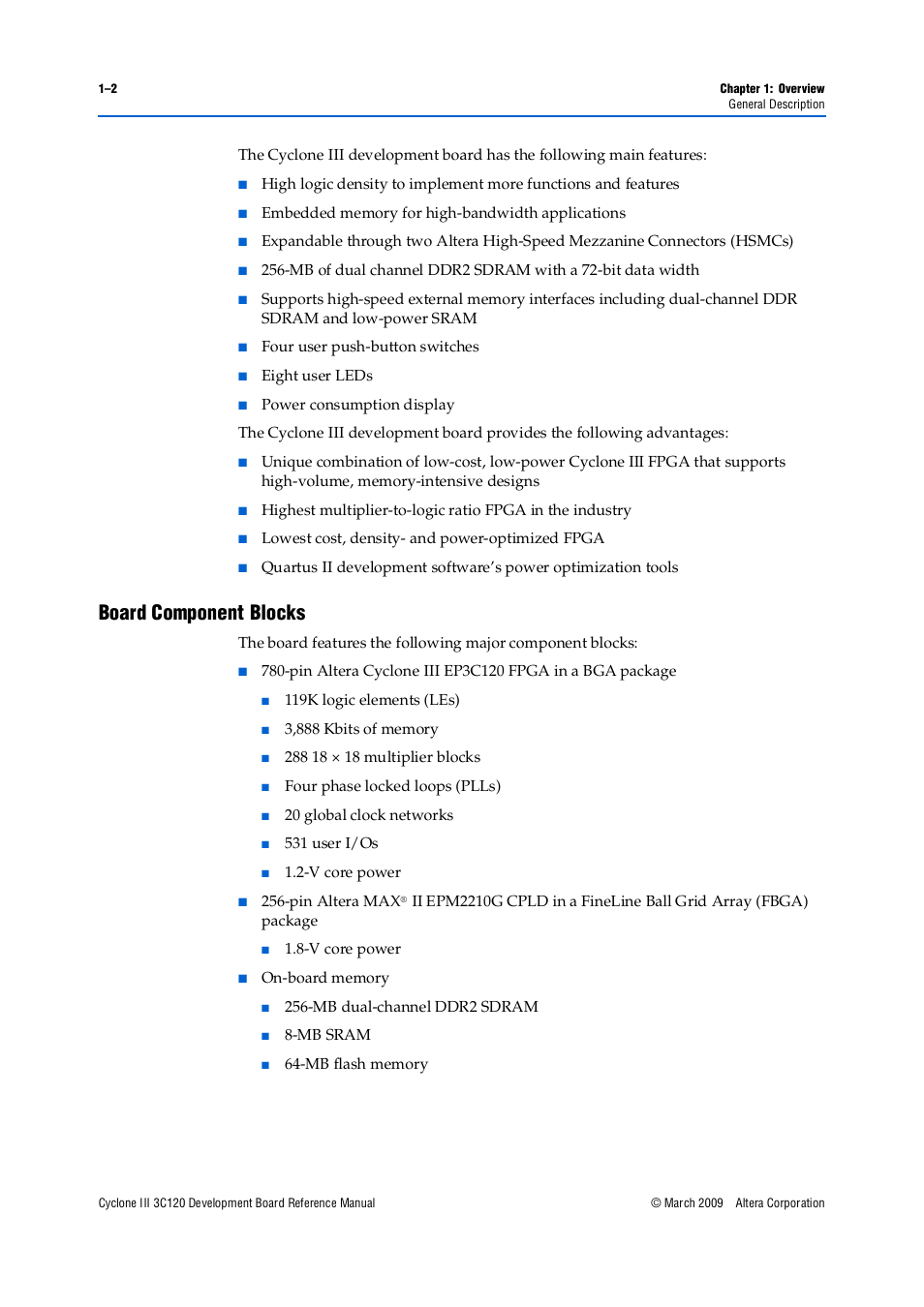 Board component blocks, Board component blocks –2 | Altera Cyclone III Development Board User Manual | Page 6 / 80
