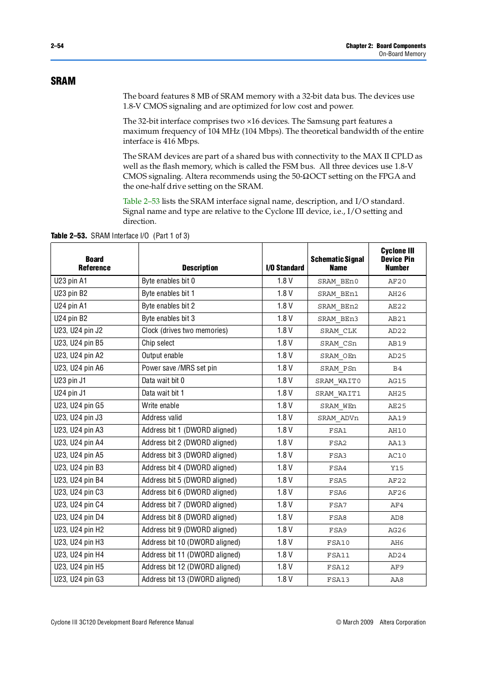 Sram, Sram –54 | Altera Cyclone III Development Board User Manual | Page 64 / 80