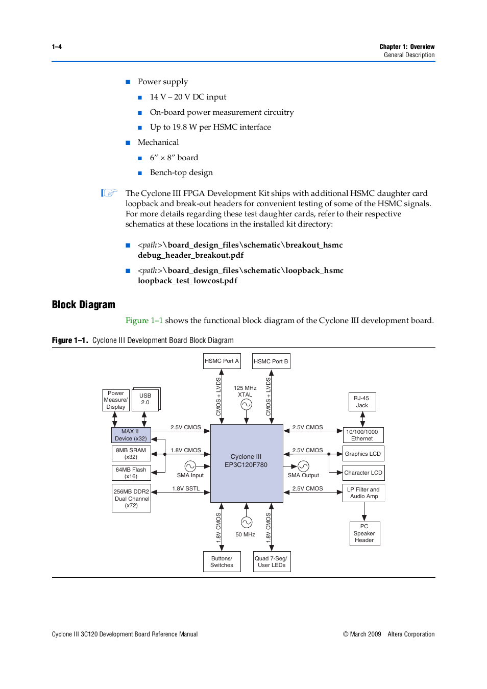 Block diagram, Block diagram –4, Power supply | 14 v – 20 v dc input, On-board power measurement circuitry, Up to 19.8 w per hsmc interface, Mechanical, 6” × 8” board | Altera Cyclone III Development Board User Manual | Page 8 / 80