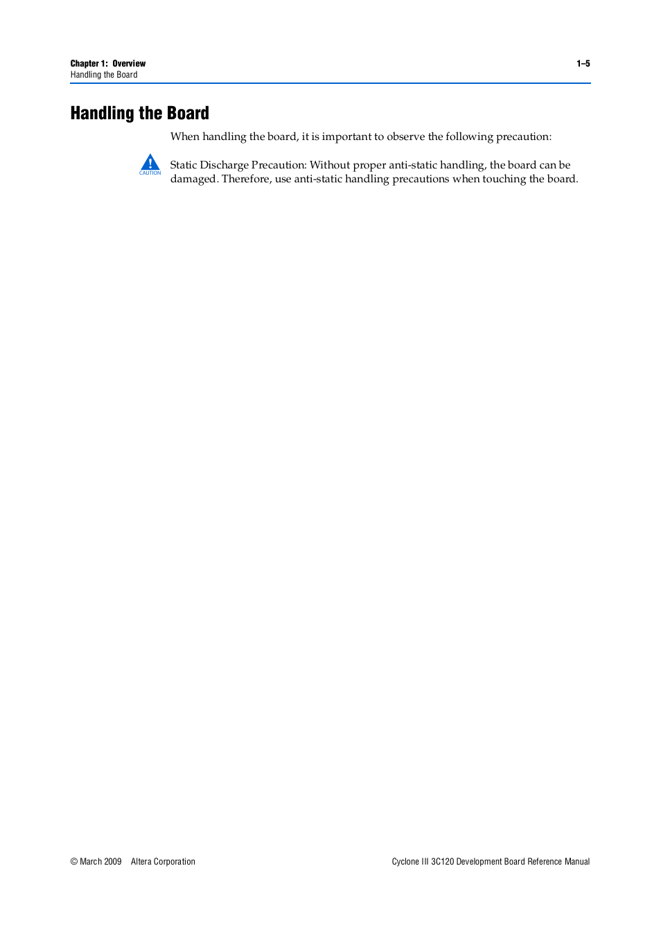 Handling the board, Handling the board –5 | Altera Cyclone III Development Board User Manual | Page 9 / 80